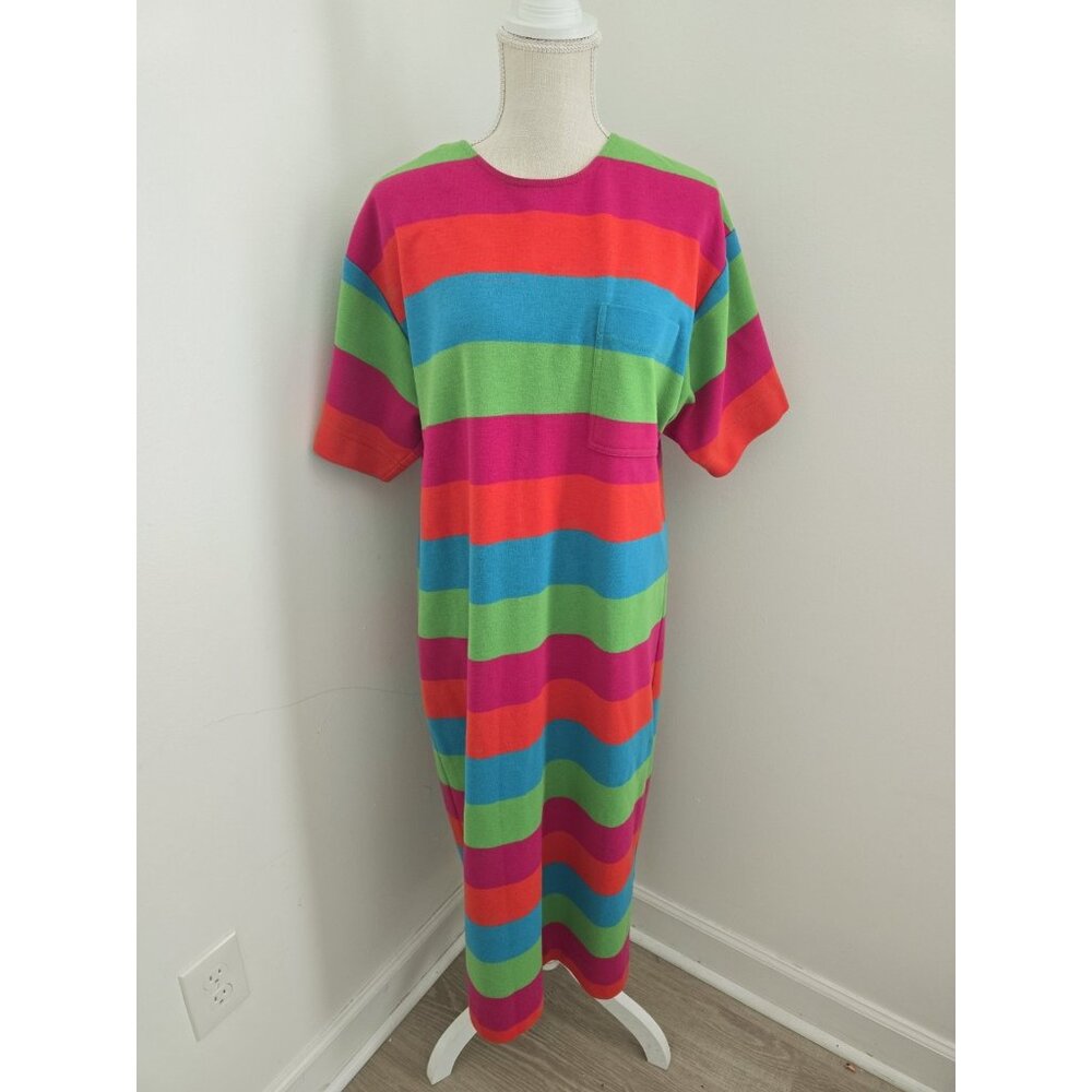 Sharon Young Rainbow Vintage Retro Striped Short Sleeves Maxi Midi Dress L Large - Picture 13 of 13